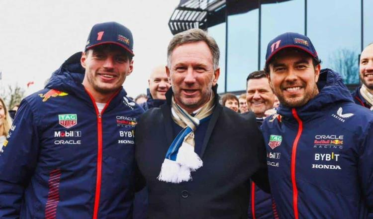 Max Verstappen, Christian Horner y Sergio Pérez