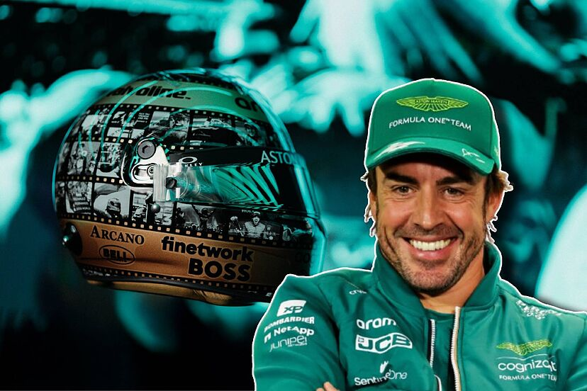 Alonso y su casco conmemorativo