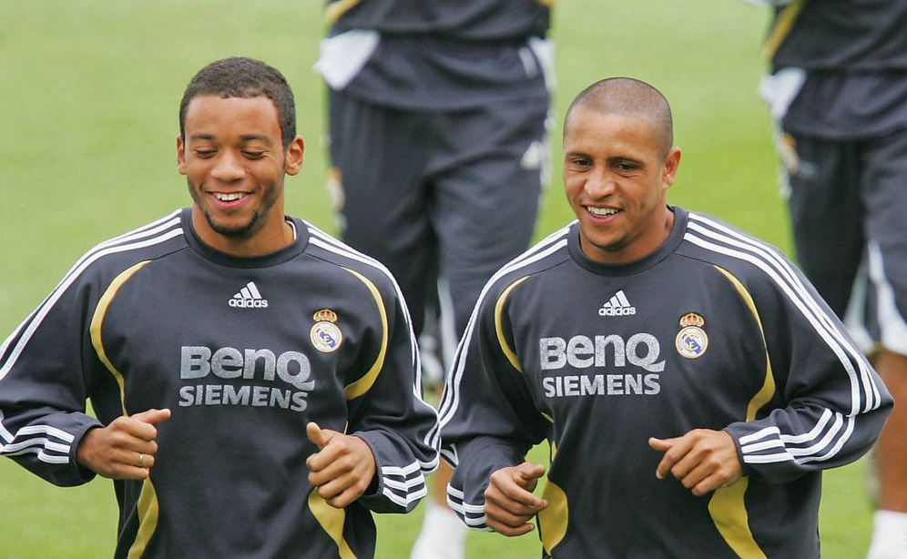 Marcelo y Roberto Carlos entrenando